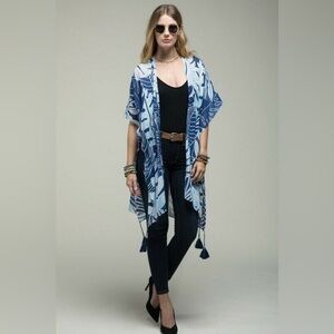 Women's Tropical Leaf Kimono Blue Cover Up One Size